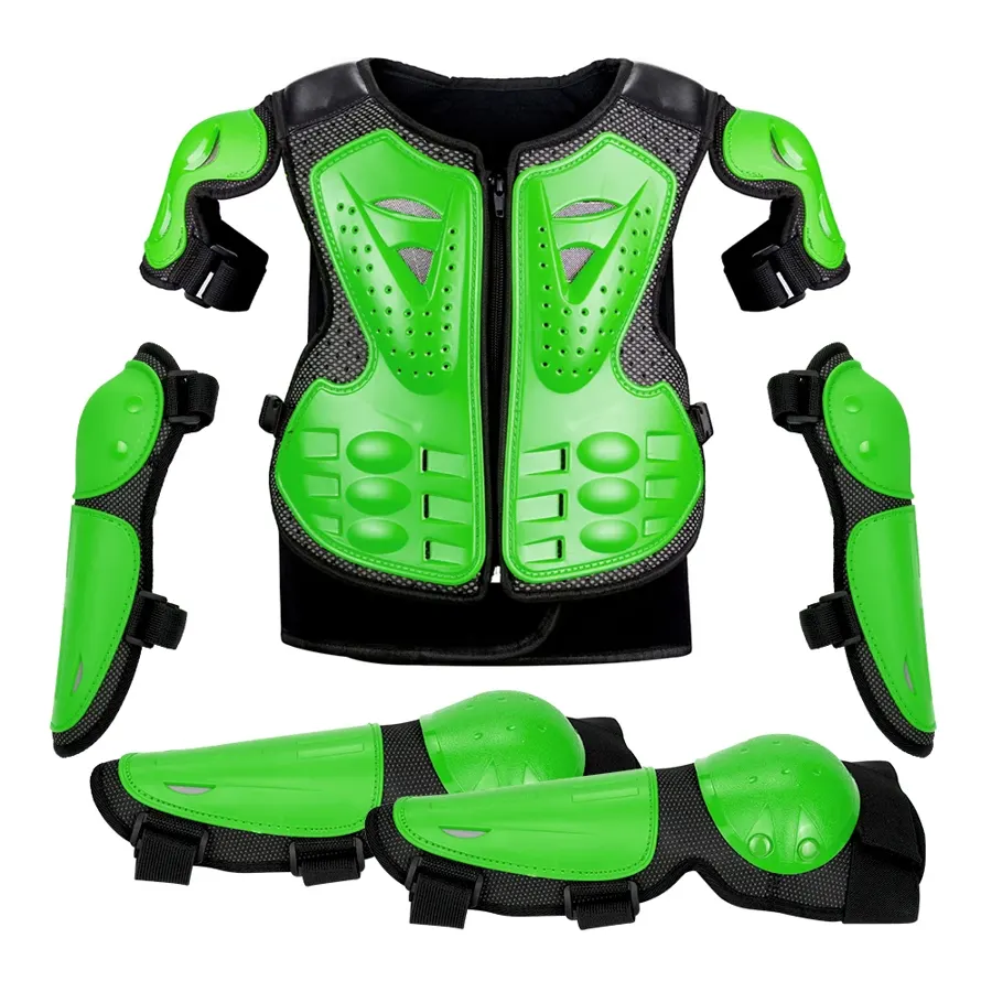 Armure de motocross enfant complète : gilet, coudières, genouillères, couleur Vert