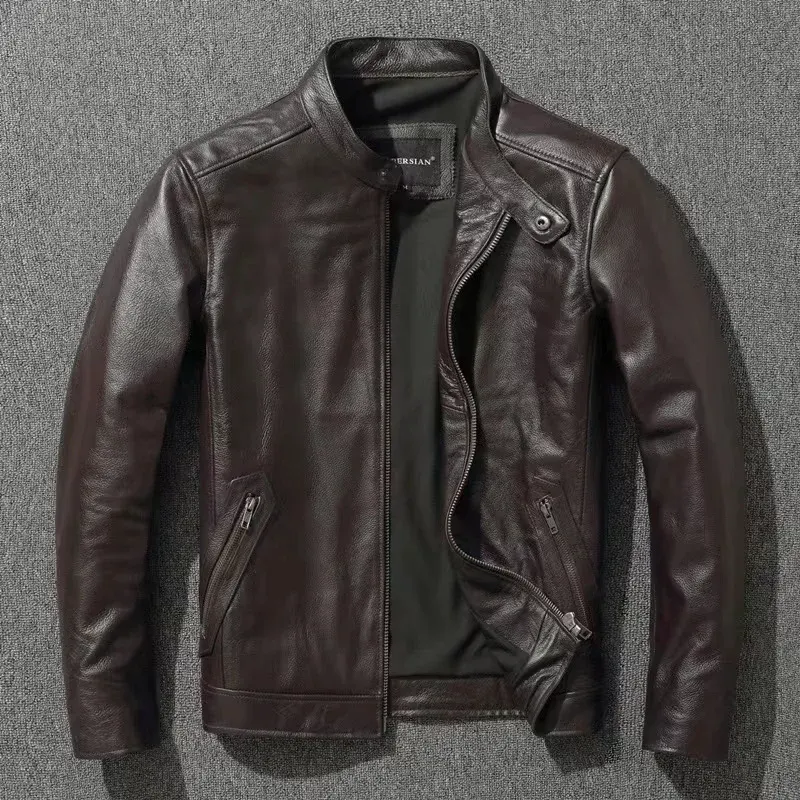 Blouson moto cuir de vache style café racer homme, couleur Marron