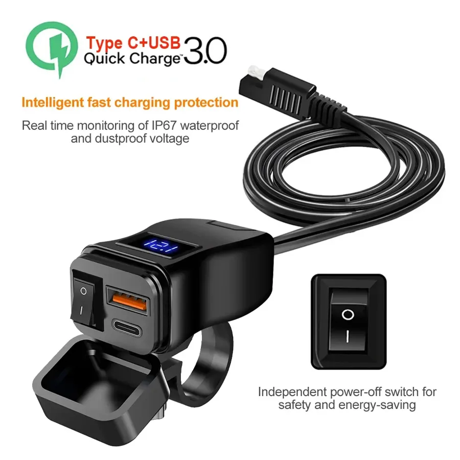 Chargeur USB moto guidon 60 W avec voltmètre, photo 3