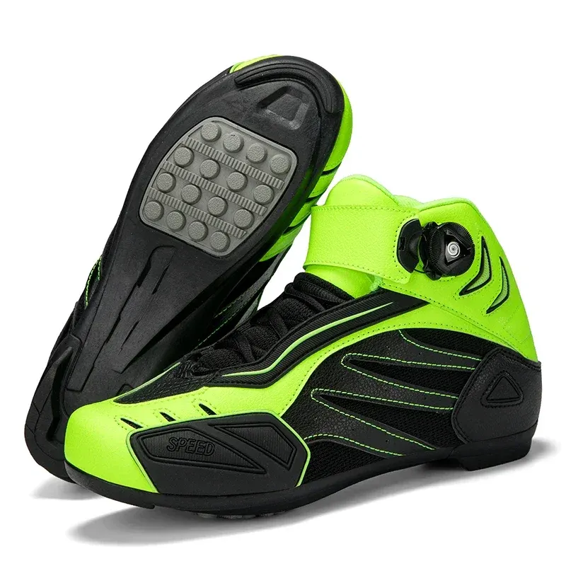 Chaussures moto homme et femme à serrage rotatif, rose, vert fluo ou orange, couleur Noir et vert fluo
