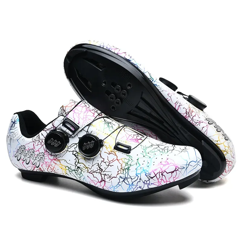 Chaussures vélo de route automatiques à double molette, motif graffiti, couleur Blanc