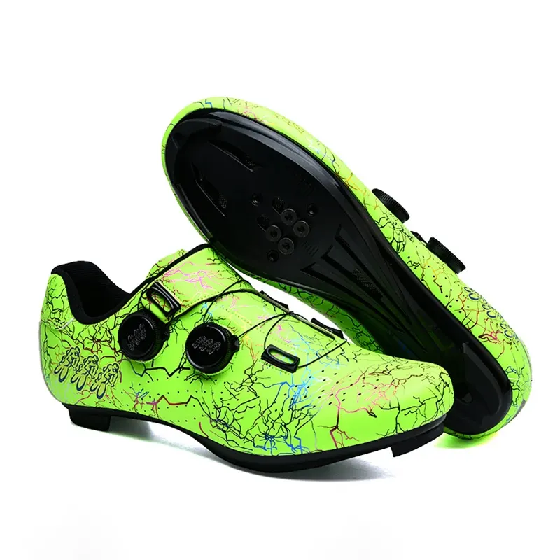 Chaussures vélo de route automatiques à double molette, motif graffiti, couleur Vert