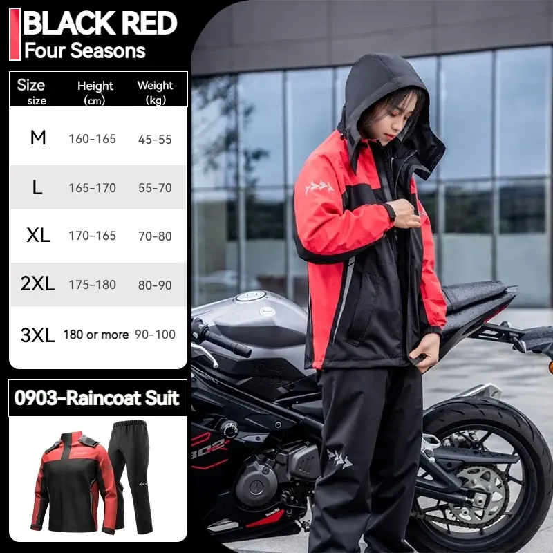 Ensemble de pluie moto SULAITE (veste + pantalon), couleur Noir et rouge