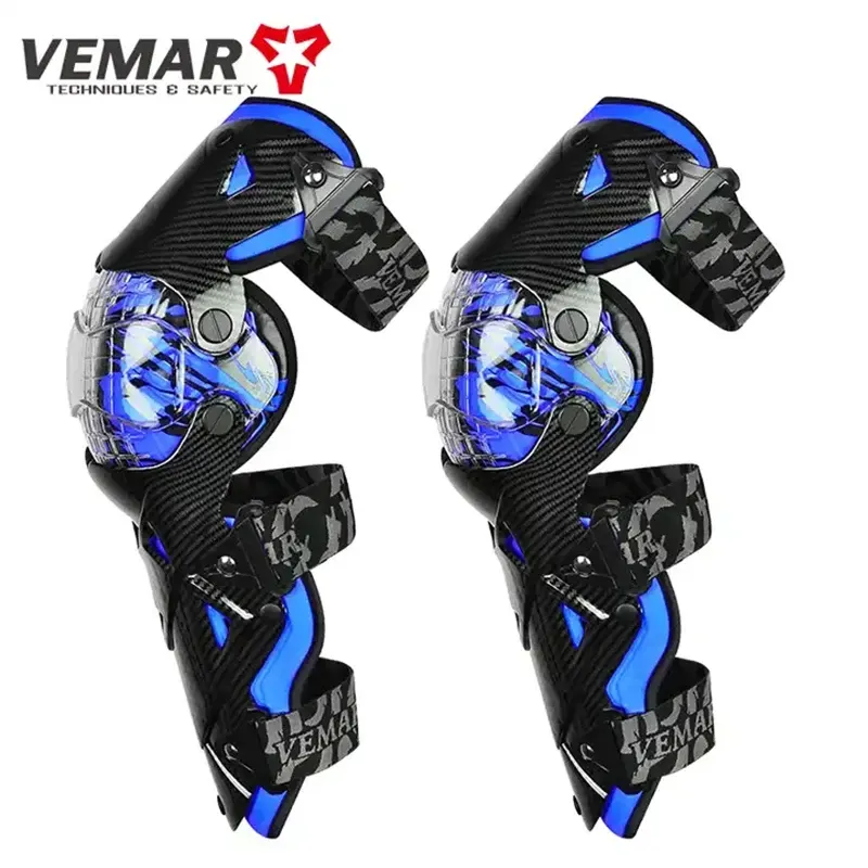 Genouillères moto articulées VEMAR E-18, coque et protège-tibia, couleur Bleu
