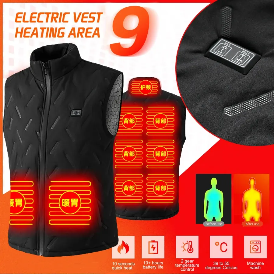 Gilet chauffant USB 9 zones, 3 niveaux de chaleur, homme et femme, couleur Noir