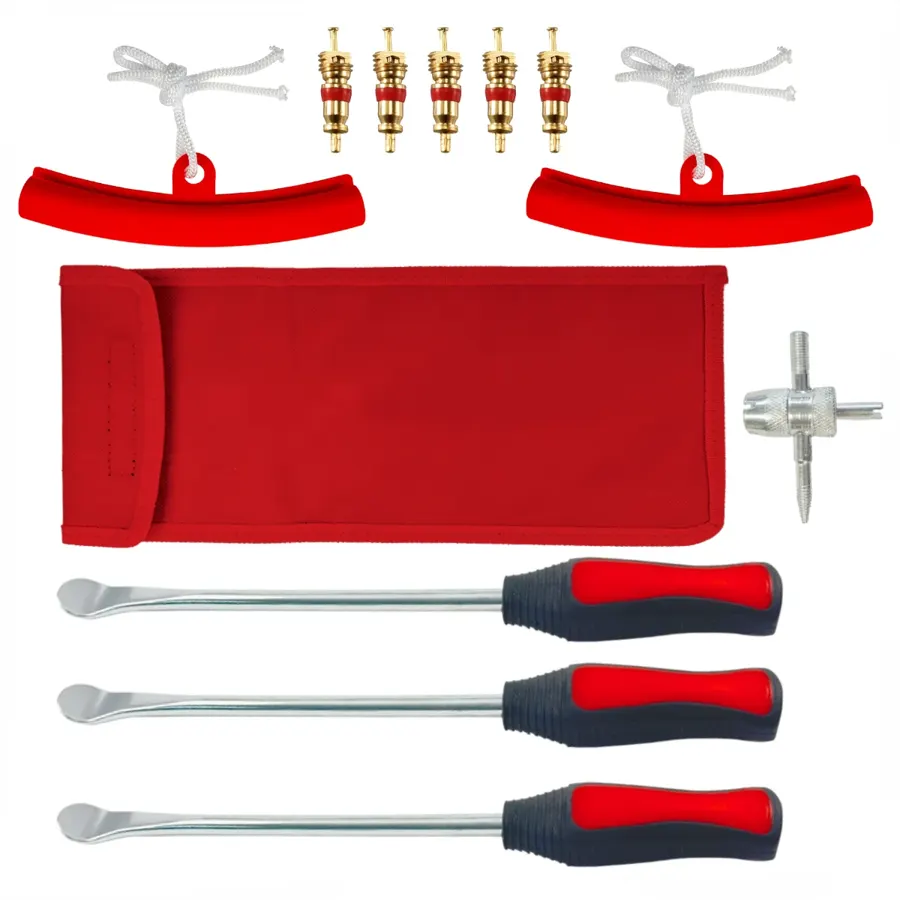 Kit démonte-pneus moto : 3 leviers 30 cm, protège-jantes et obus de valve