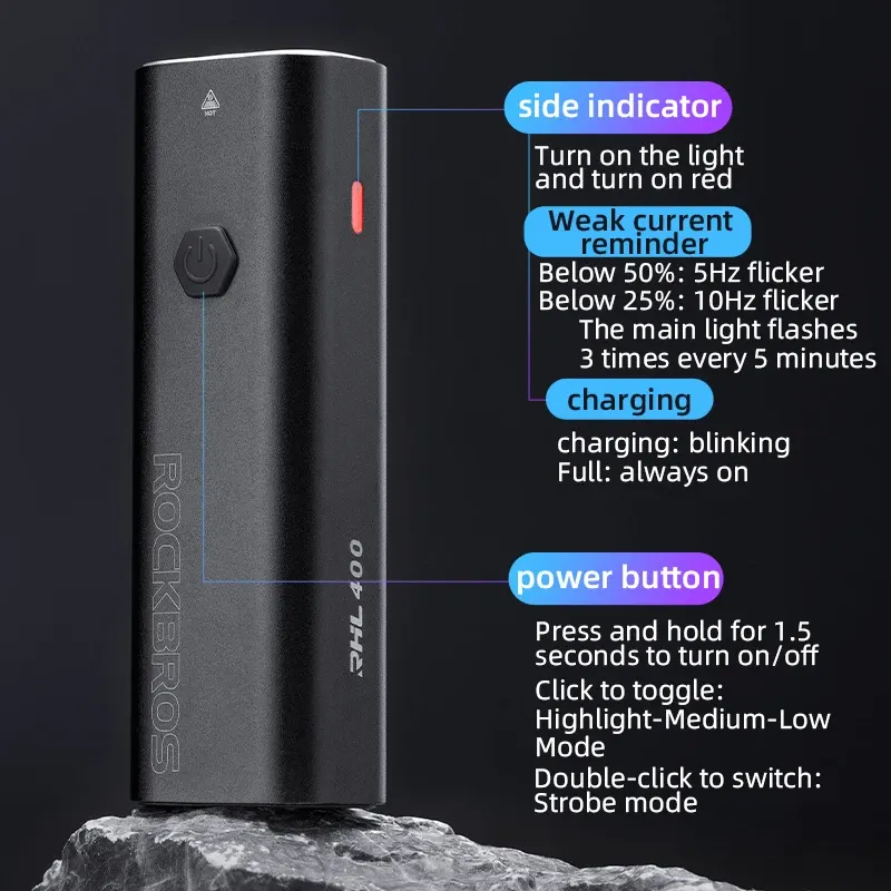 Lampe avant vélo ROCKBROS 400 lumens, rechargeable USB-C, IPX6, photo 3