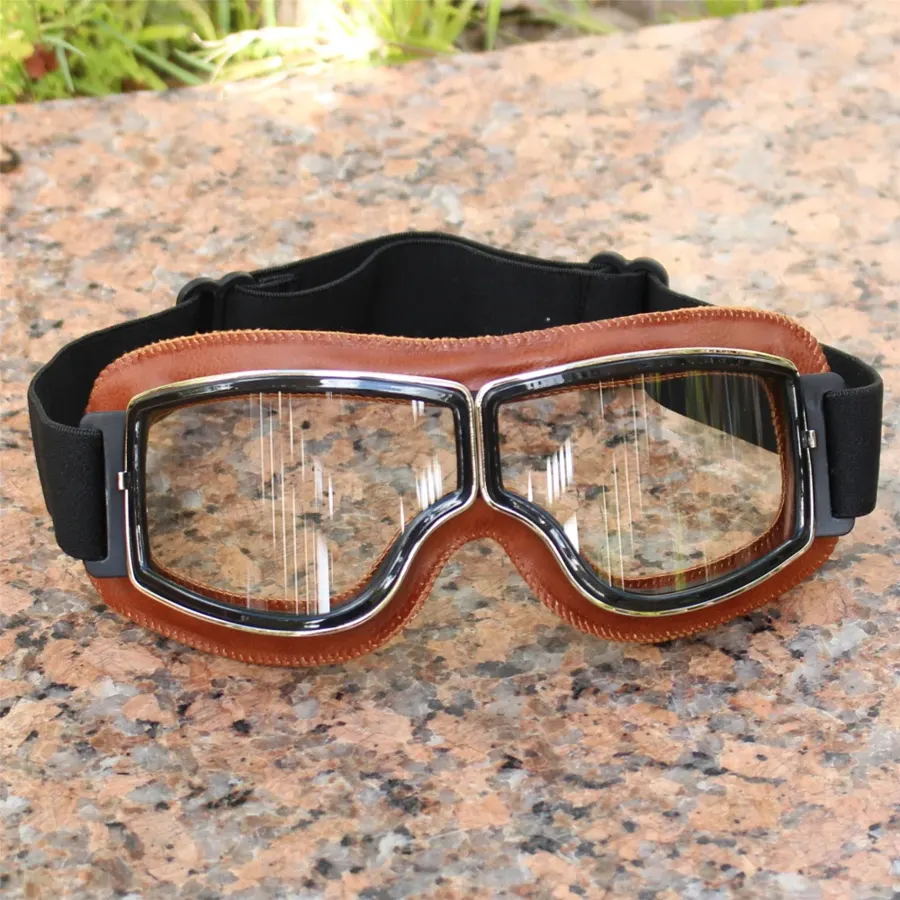 Lunettes moto vintage aviateur en cuir, couleur Marron