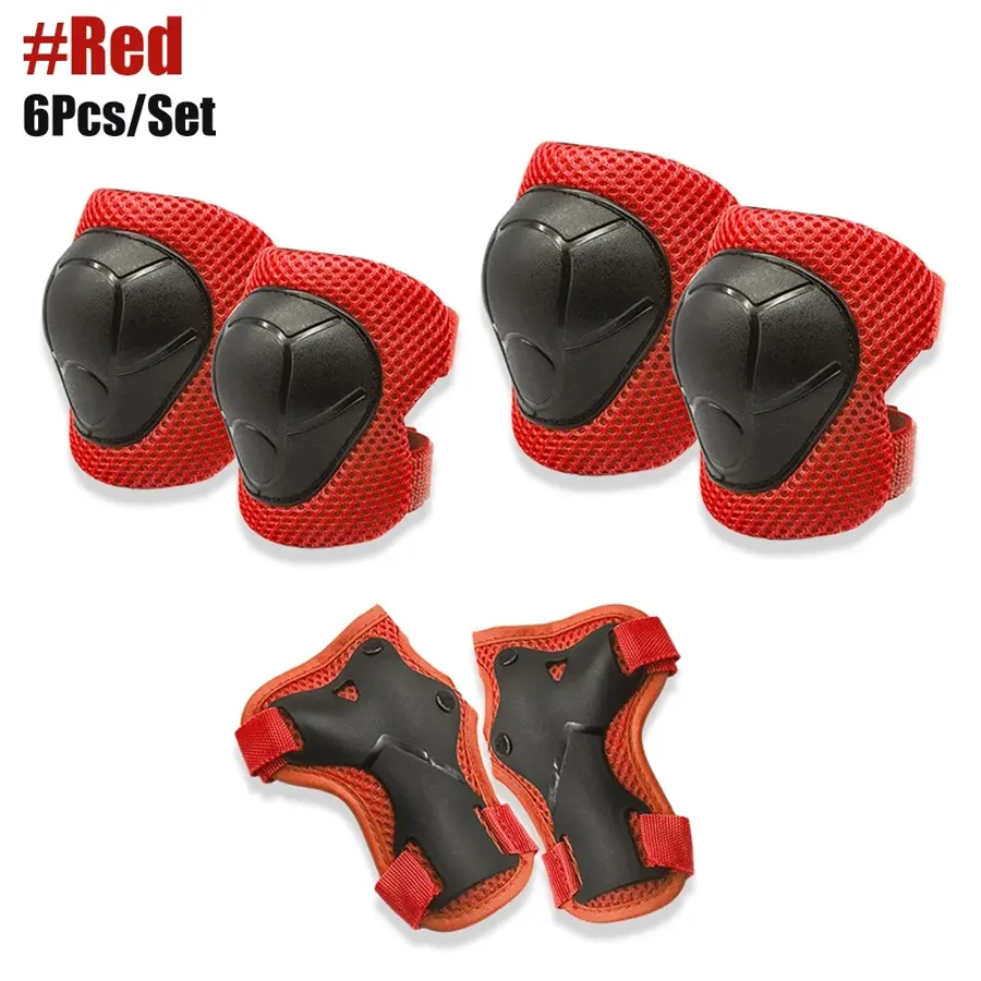 Protections enfant genoux, coudes et poignets (6 pièces), 3 à 15 ans, couleur Rouge