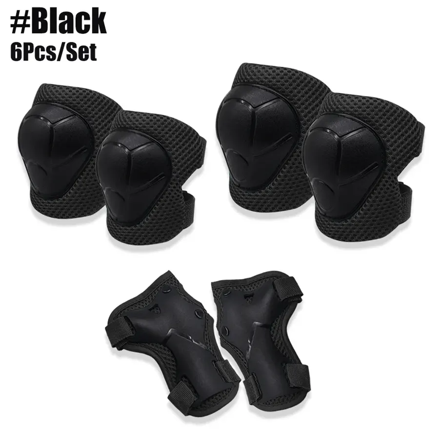 Protections enfant genoux, coudes et poignets (6 pièces), 3 à 15 ans, couleur Noir